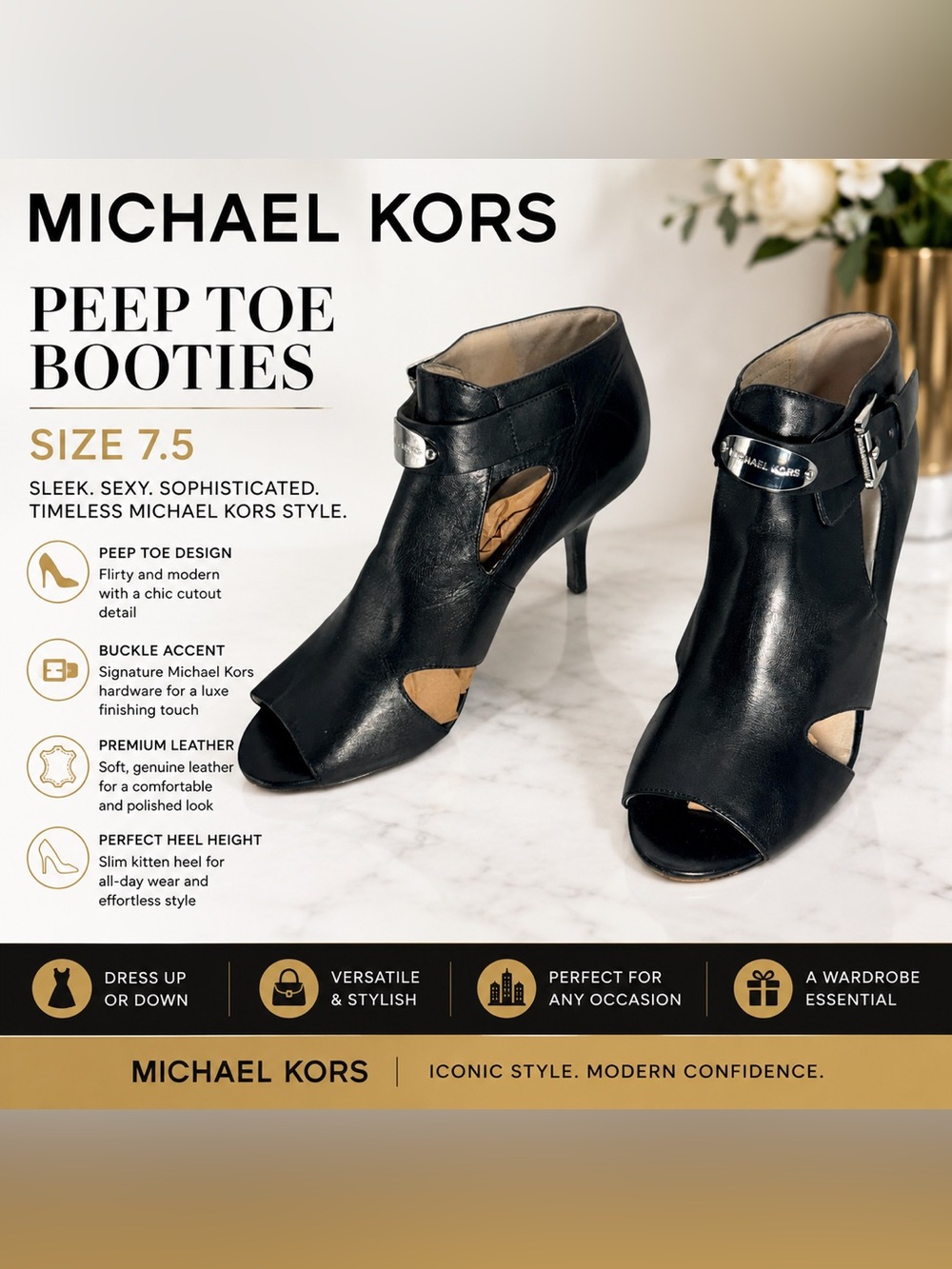 Michael Kors Black Leather Peep Toe Booties – Women’s Size 7.5